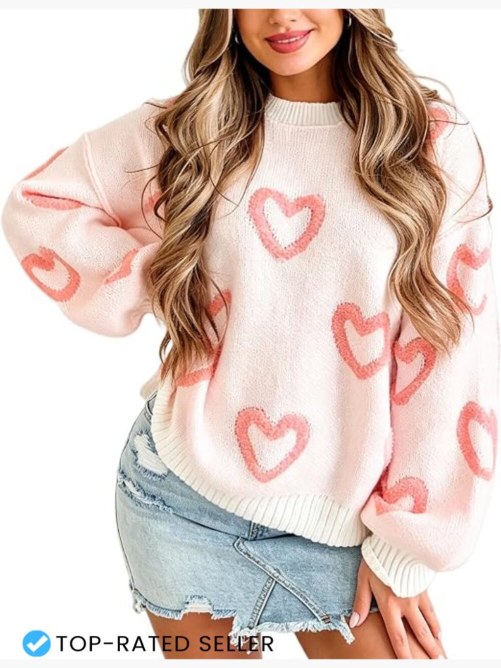 Women Heart Print Sweater Oversized Knit Pullover Y2K Cute Long Sleeve Top